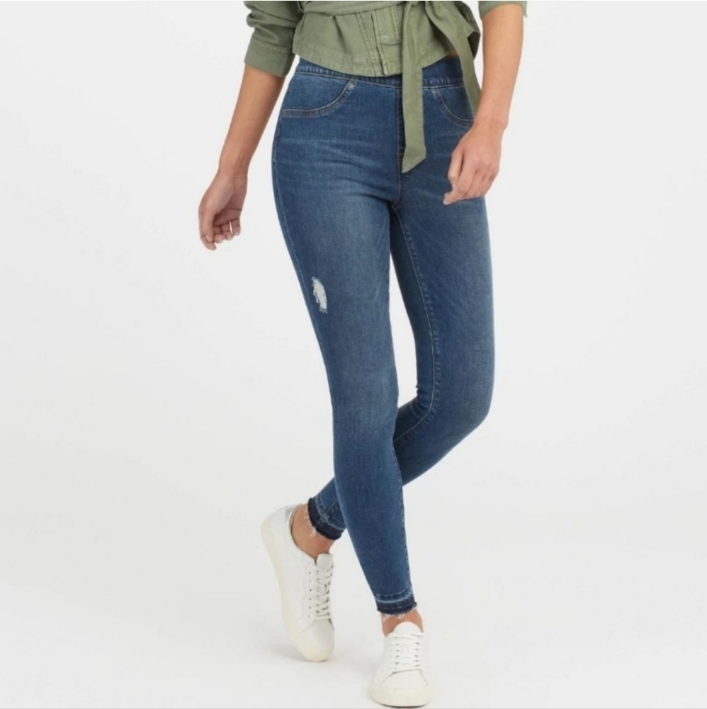 Spanx distressed medium wash skinny jeans